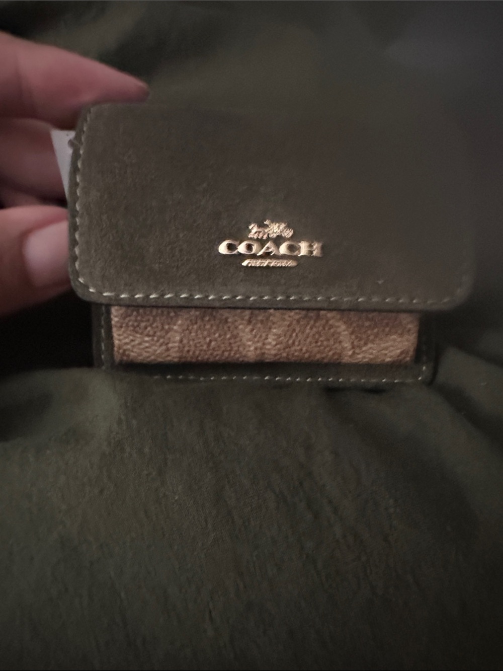 COACH Olive Green and Brown suede Compact Card Case Wallet